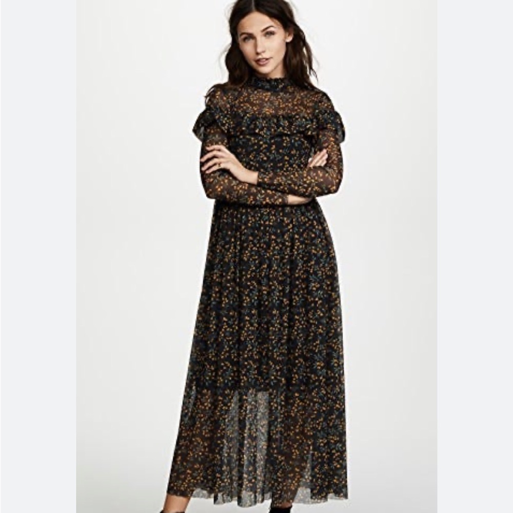 Ganni Tilden Flora Frill Collar Mesh Midi Dress